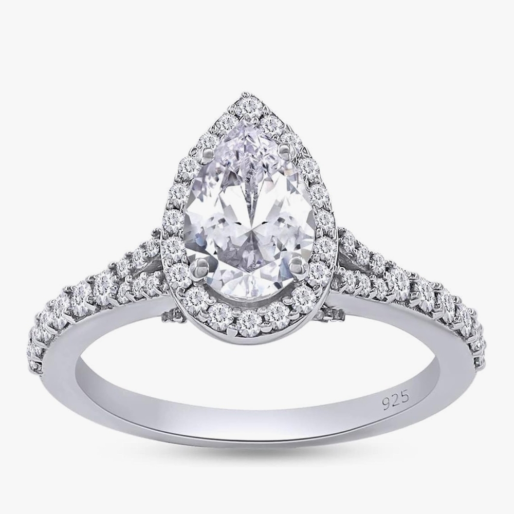 Wishrocks 14k Gold Plated Sterling Silver Pear Shape Engagement Ring.